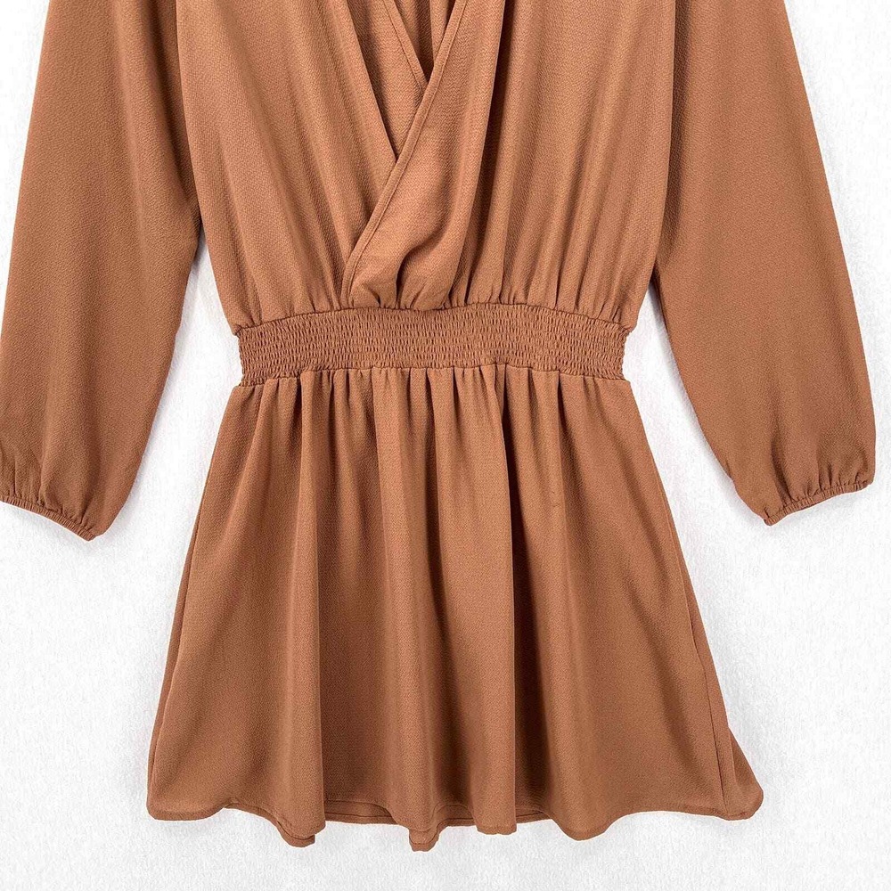 SABO SKIRT Mini Dress Women XS Brown Wrap Long Sleeve Smocked Waist Pull on - Picture 6 of 16